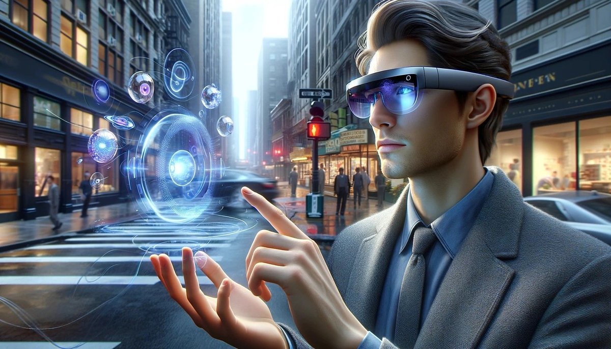 A man wearing augmented-reality glasses manipulates glowing holographic rings floating above his open hand on a city street