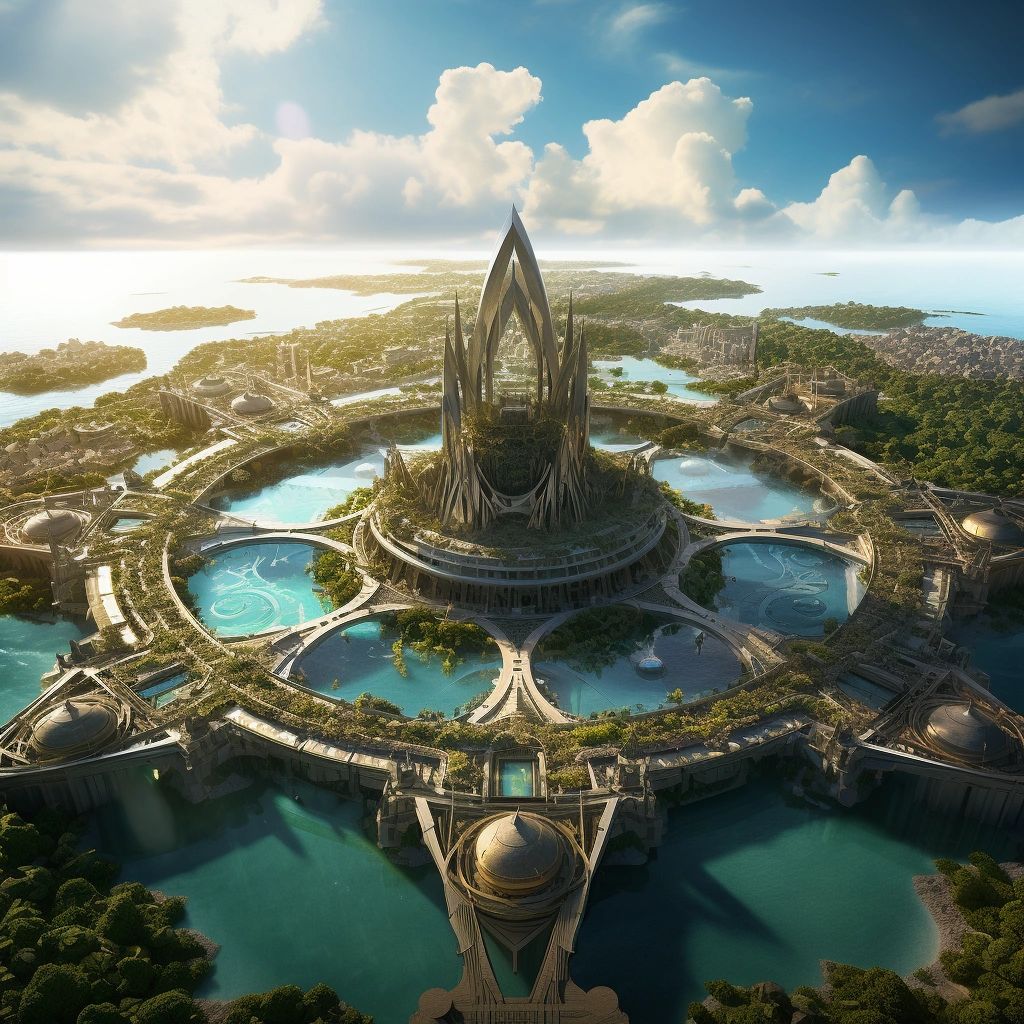 Aerial view of a circular island city with concentric rings of canals surrounding a crystalline central spire