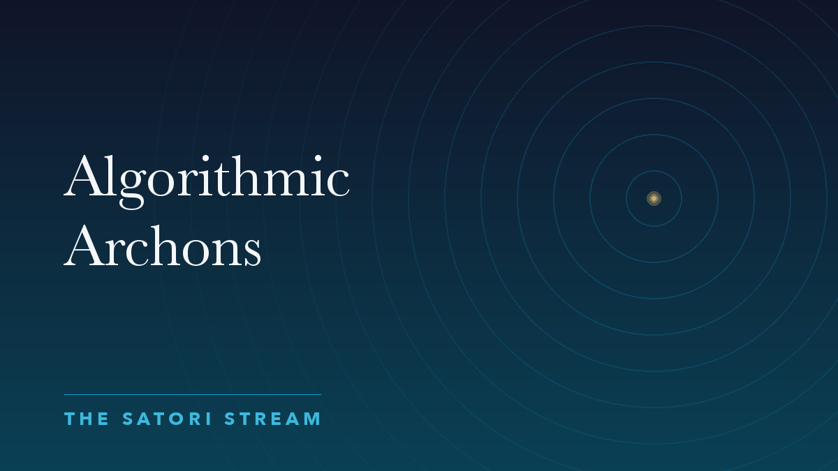 Cover art for Algorithmic Archons: rippling concentric circles radiating from a point of golden light on a deep blue gradient