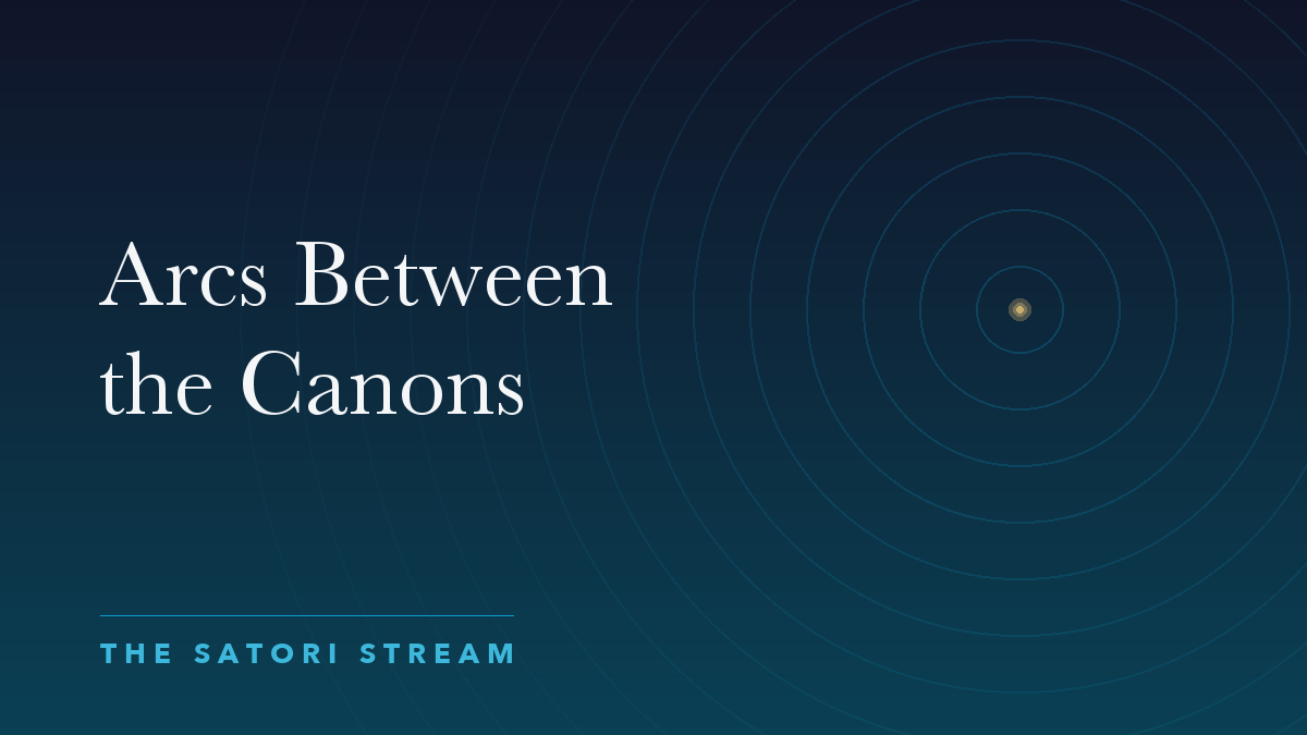 Cover art for Arcs Between the Canons: rippling concentric circles radiating from a point of golden light on a deep blue gradient