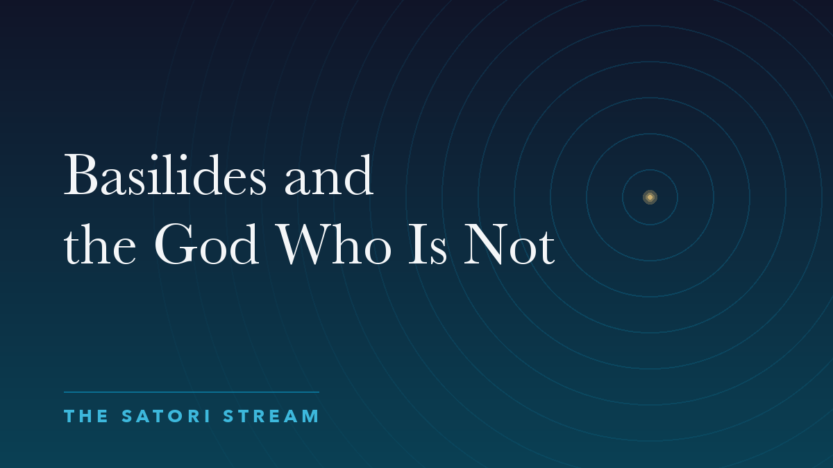 Cover art for Basilides and the God Who Is Not: rippling concentric circles radiating from a point of golden light on a deep blue gradient