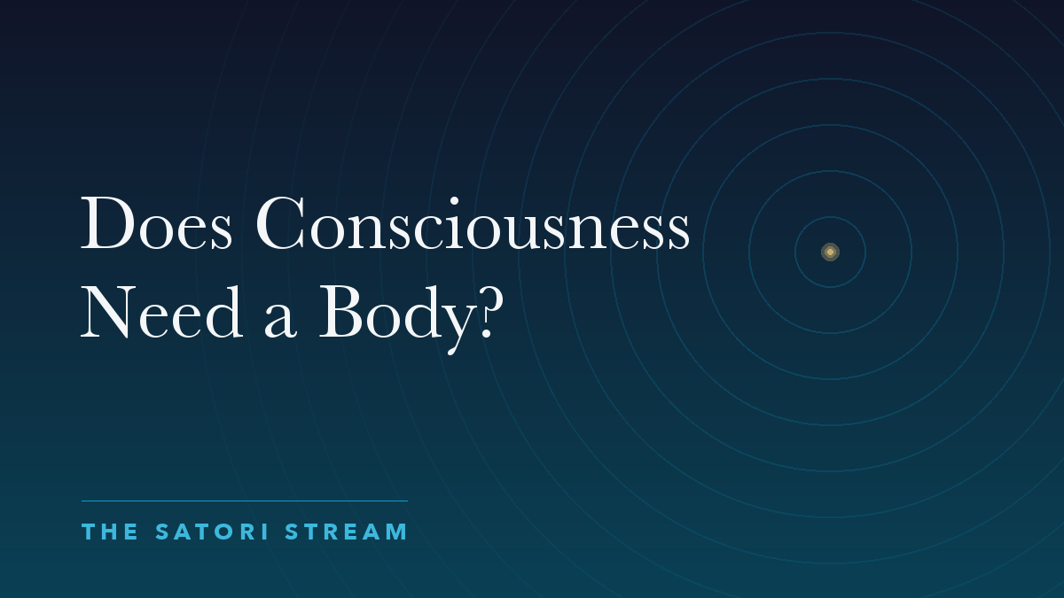 Cover art for Does Consciousness Need a Body?: rippling concentric circles radiating from a point of golden light on a deep blue gradient
