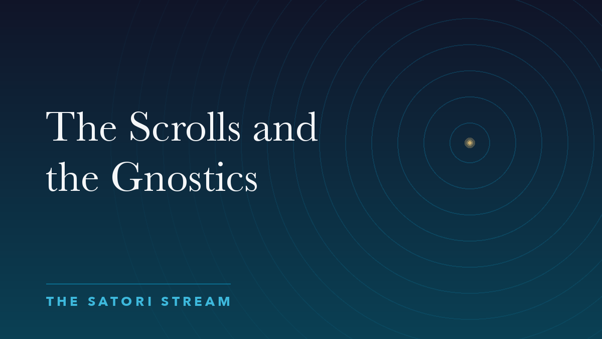 Cover art for The Scrolls and the Gnostics: rippling concentric circles radiating from a point of golden light on a deep blue gradient