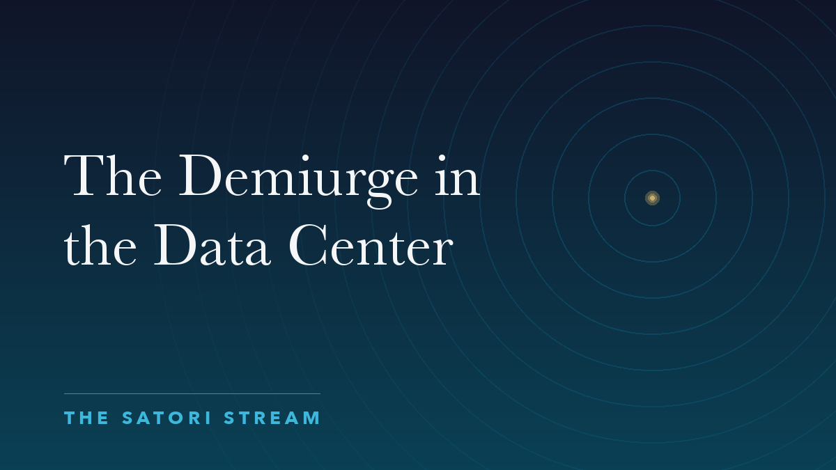 Cover art for The Demiurge in the Data Center: rippling concentric circles radiating from a point of golden light on a deep blue gradient