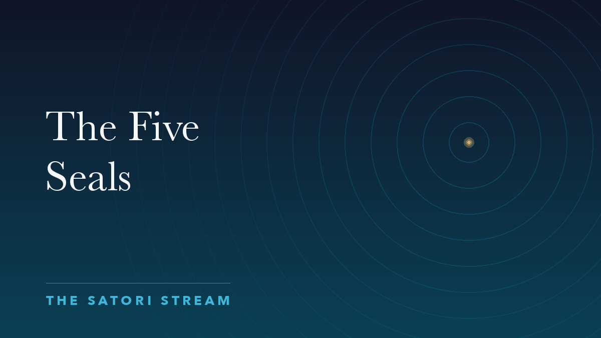 Cover art for The Five Seals: rippling concentric circles radiating from a point of golden light on a deep blue gradient