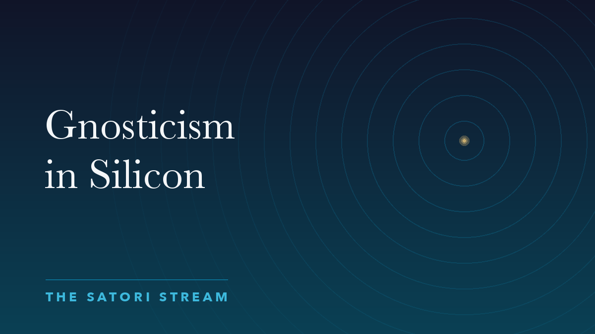 Cover art for The Simulation Hypothesis Is Gnosticism in Silicon: rippling concentric circles radiating from a point of golden light on a deep blue gradient