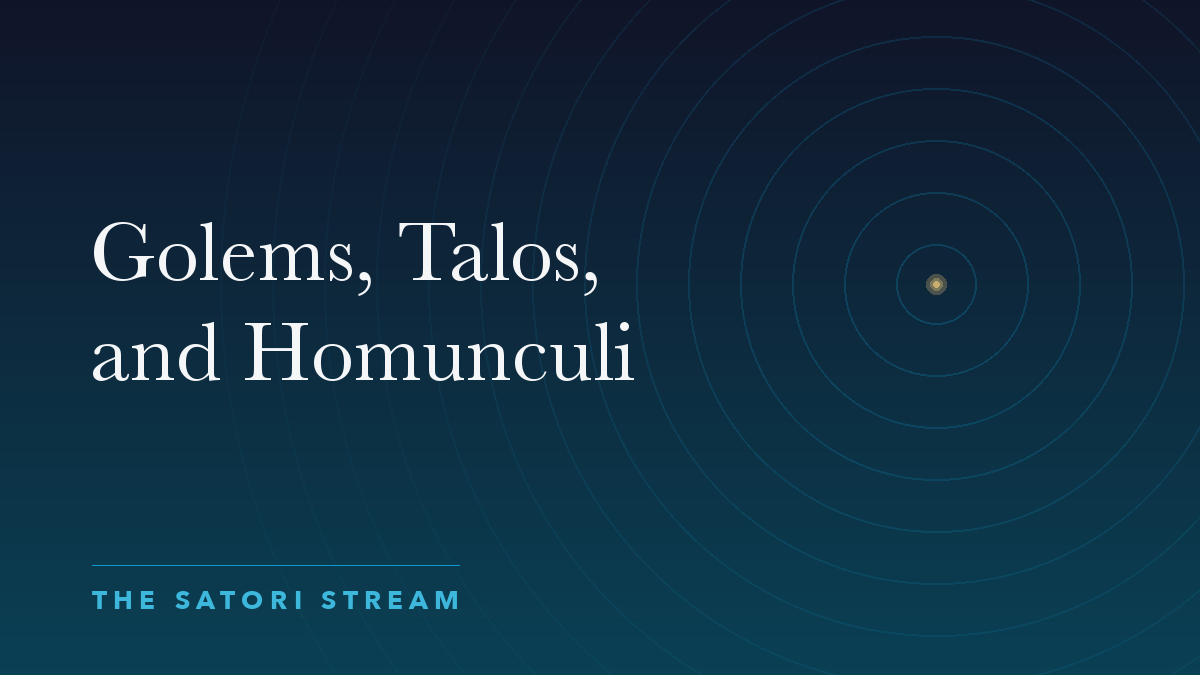 Cover art for Golems, Talos, Homunculi: rippling concentric circles radiating from a point of golden light on a deep blue gradient