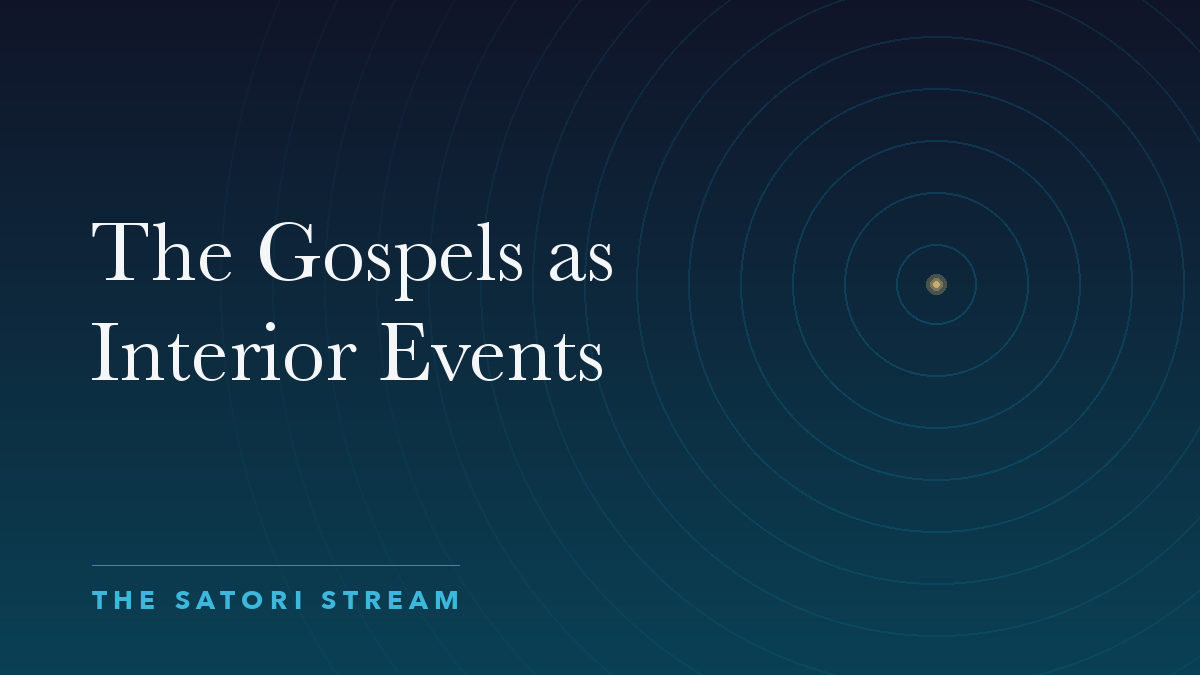 Cover art for The Gospels as Interior Events: rippling concentric circles radiating from a point of golden light on a deep blue gradient