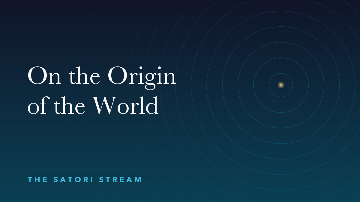 Cover art for On the Origin of the World: rippling concentric circles radiating from a point of golden light on a deep blue gradient