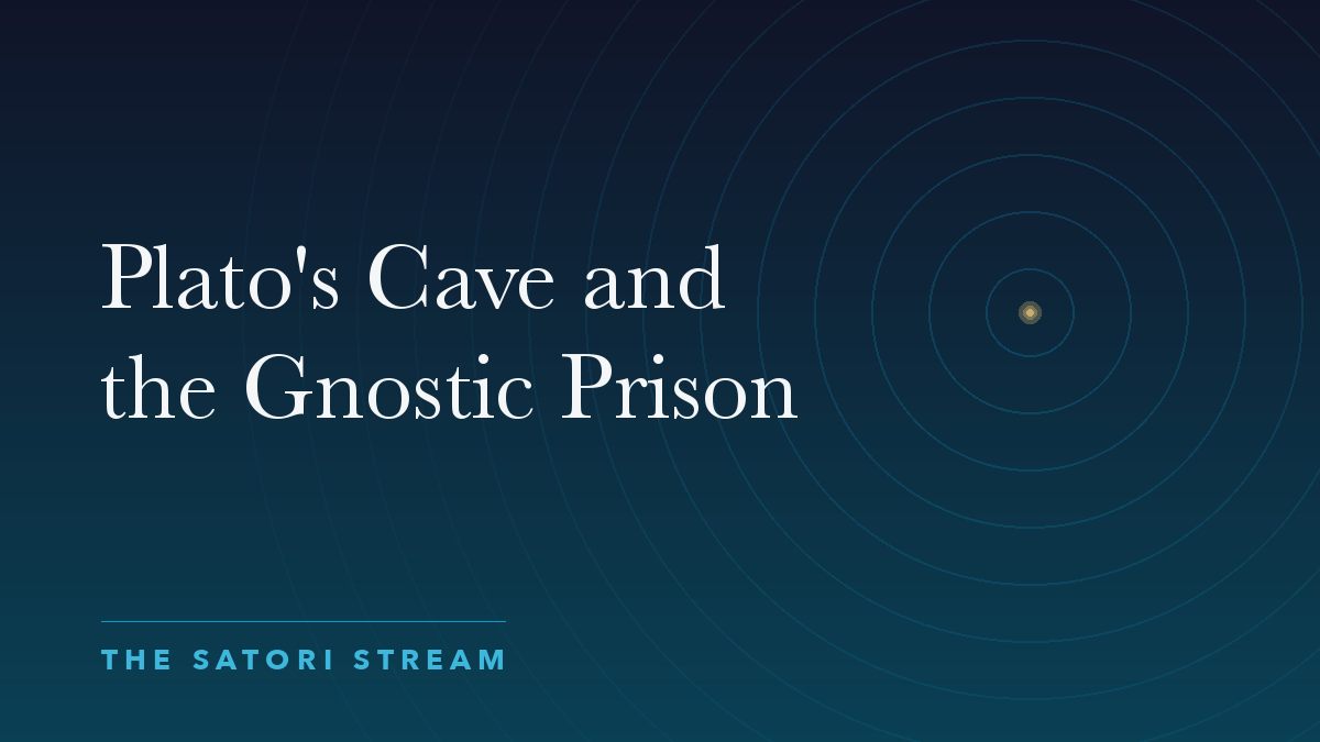 Cover art for Plato's Cave and the Gnostic Prison: rippling concentric circles radiating from a point of golden light on a deep blue gradient