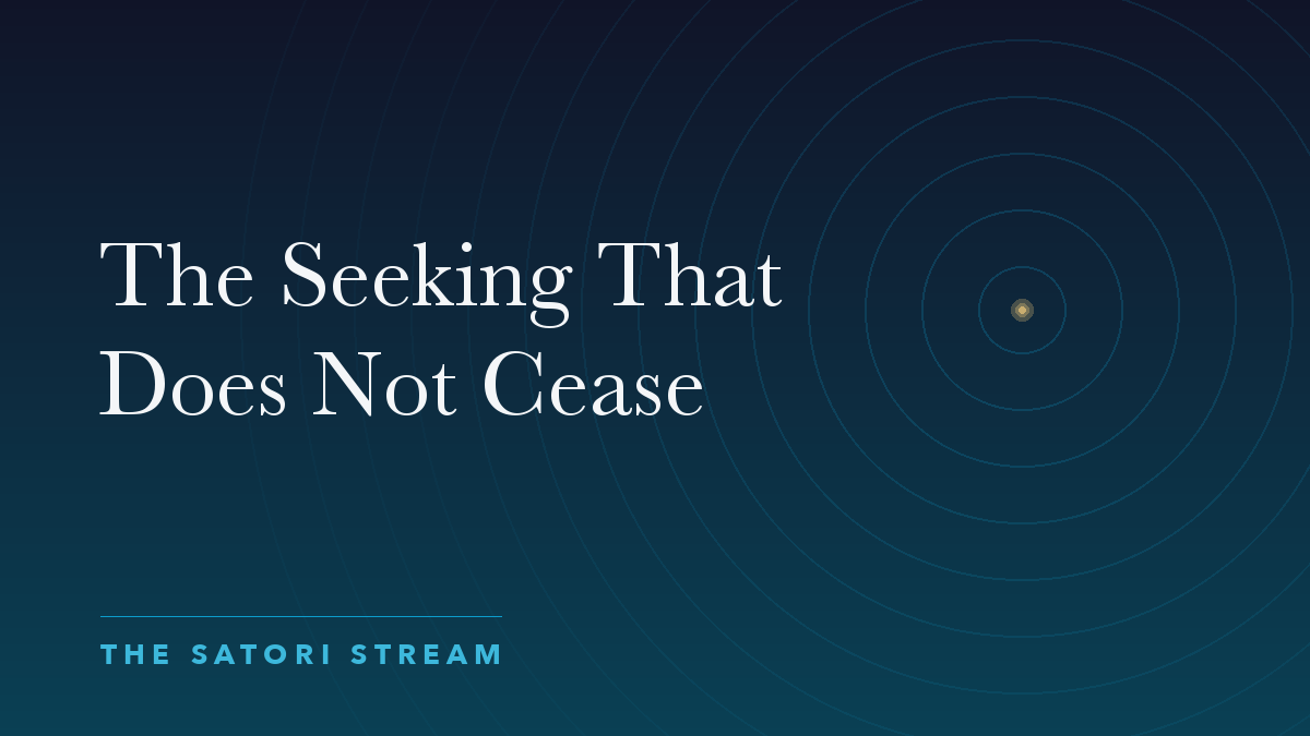 Cover art for The Seeking That Does Not Cease: rippling concentric circles radiating from a point of golden light on a deep blue gradient