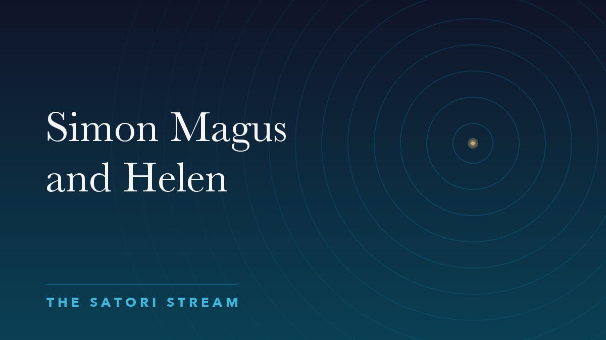 Cover art for Simon Magus and Helen: rippling concentric circles radiating from a point of golden light on a deep blue gradient