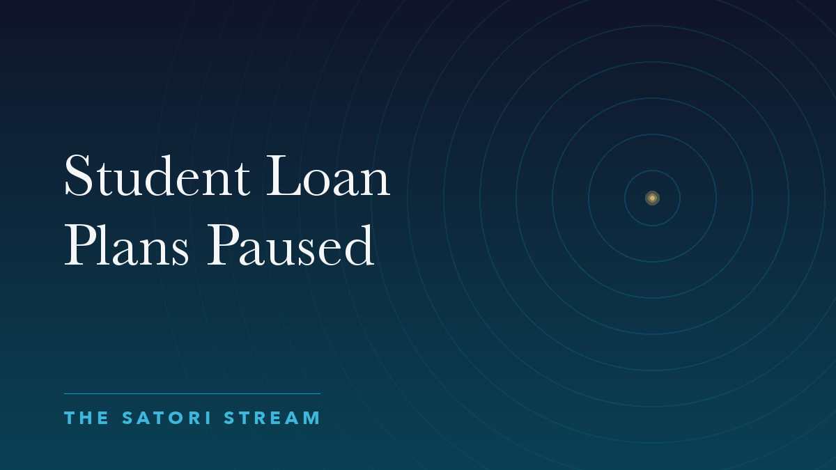 Cover art for Student Loan Plans Paused: rippling concentric circles radiating from a point of golden light on a deep blue gradient