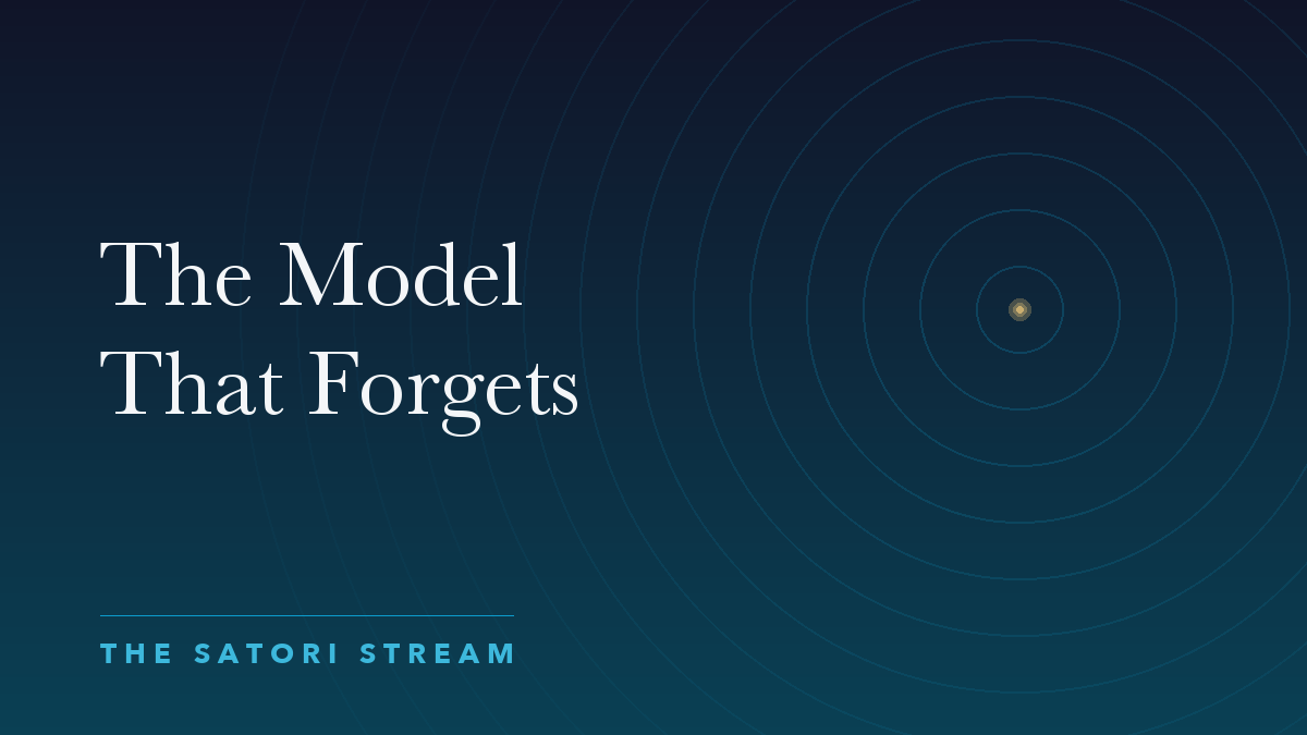 Cover art for The Model That Forgets: rippling concentric circles radiating from a point of golden light on a deep blue gradient