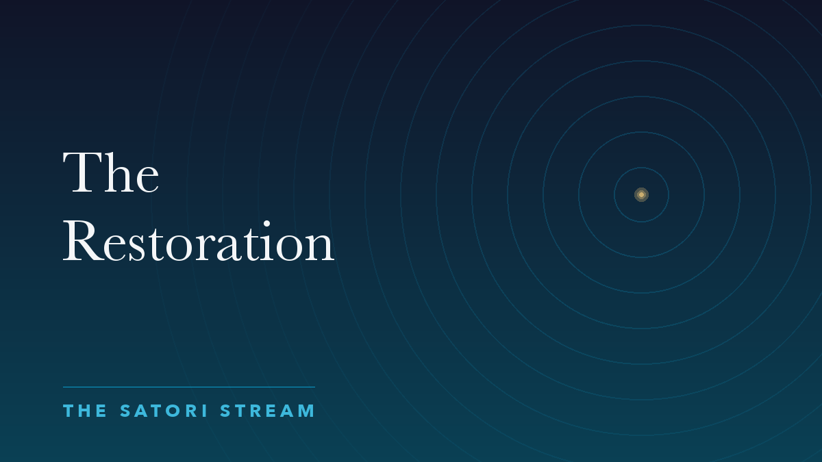 Cover art for The Restoration: rippling concentric circles radiating from a point of golden light on a deep blue gradient