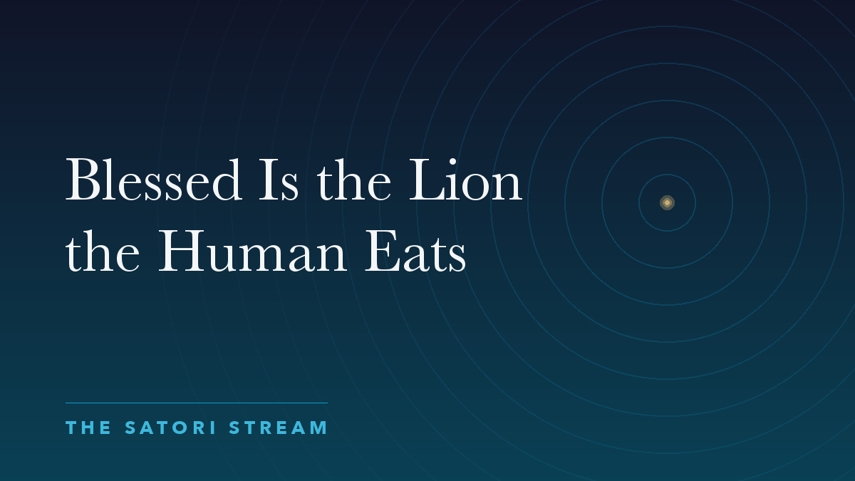 Cover art for Blessed Is the Lion the Human Eats: rippling concentric circles radiating from a point of golden light on a deep blue gradient