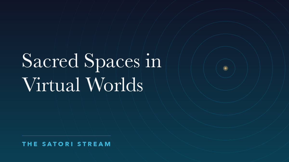 Cover art for Sacred Spaces in Virtual Worlds: rippling concentric circles radiating from a point of golden light on a deep blue gradient