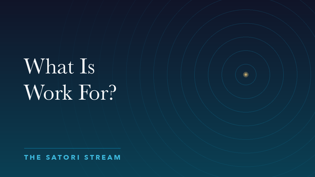 Cover art for What Is Work For?: rippling concentric circles radiating from a point of golden light on a deep blue gradient