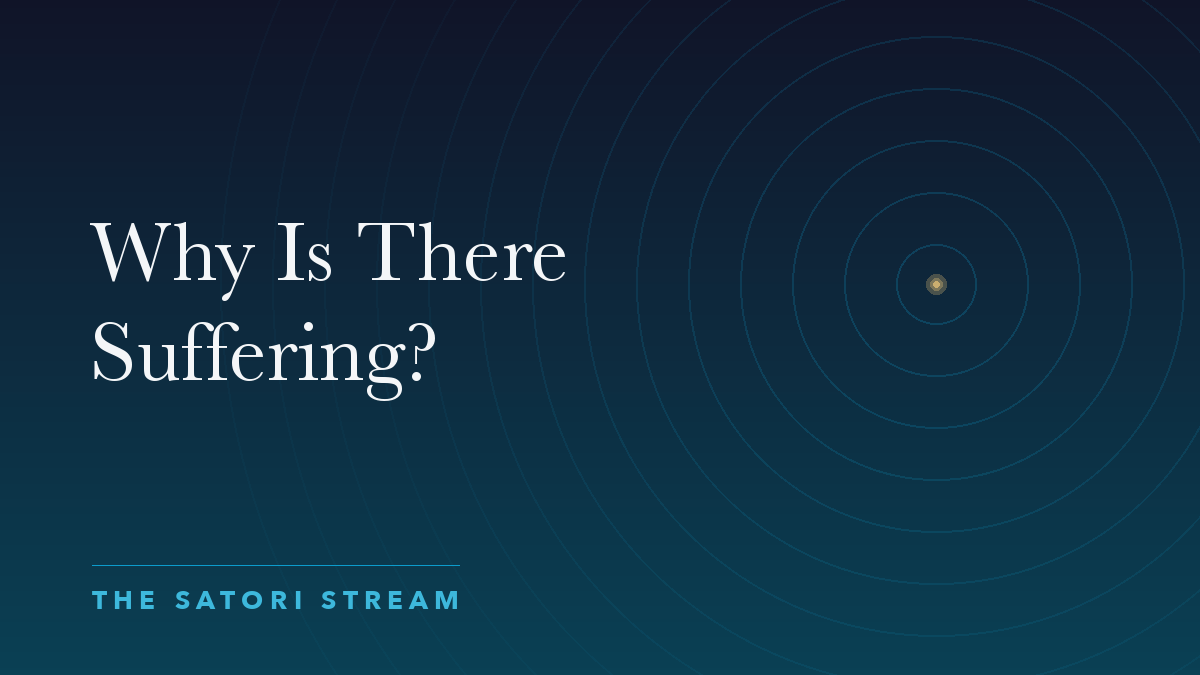 Cover art for Why Is There Suffering?: rippling concentric circles radiating from a point of golden light on a deep blue gradient