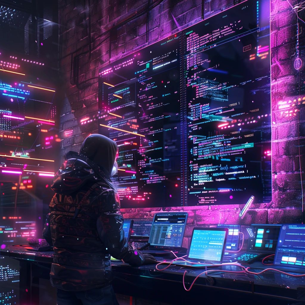 A hooded figure at a desk of glowing laptops facing a wall of neon code panels