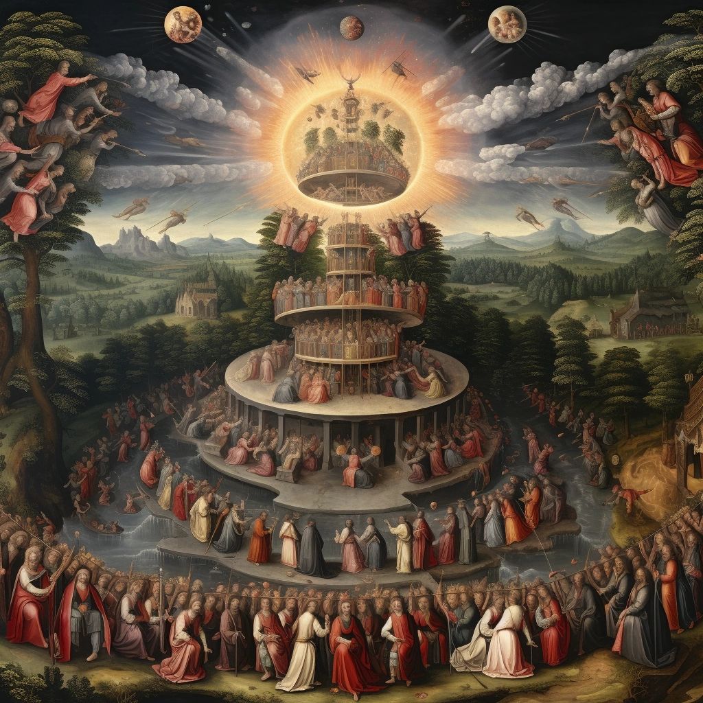 Renaissance-style painting of robed figures gathered in circles around a tiered tower beneath a radiant celestial sphere