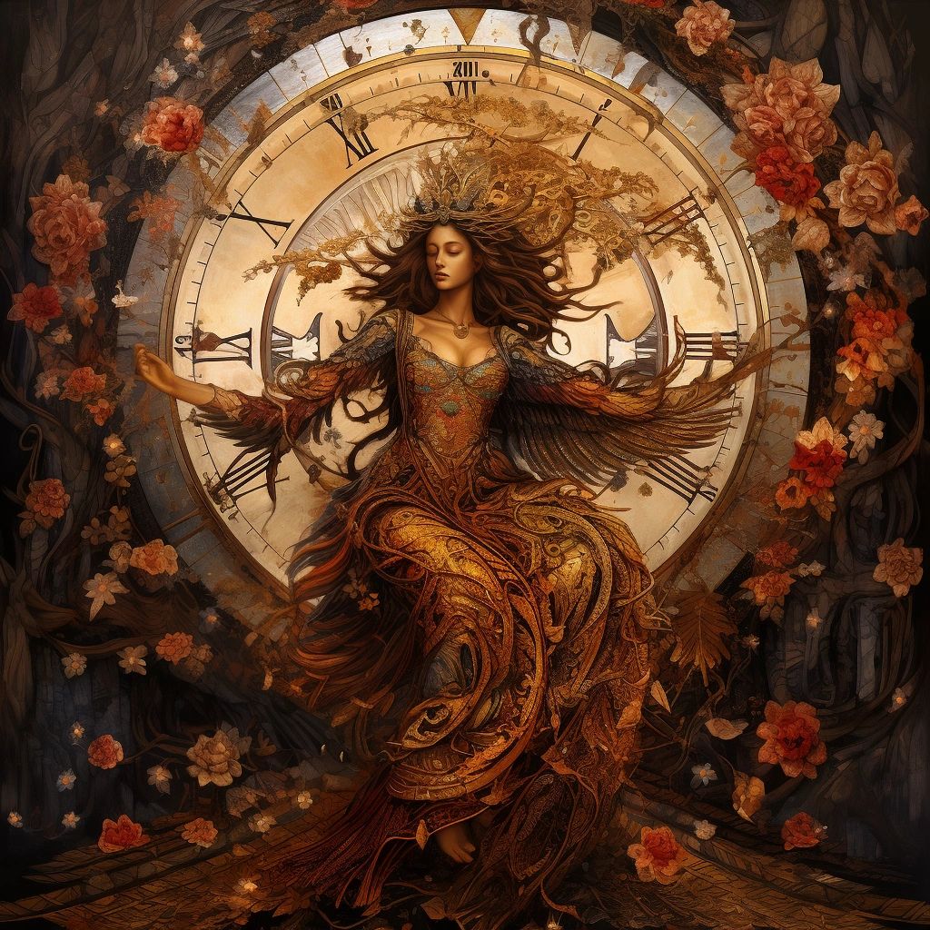 Ornate painting of Sophia as a woman in golden robes falling against a great clock face surrounded by roses