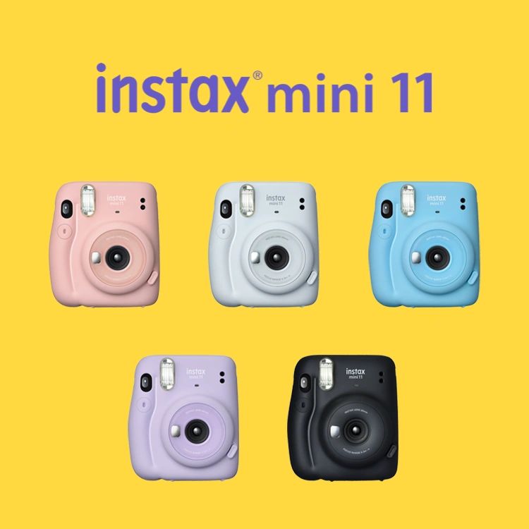 Five Fujifilm Instax Mini 11 instant cameras in pastel colors arranged beneath the instax mini 11 logo