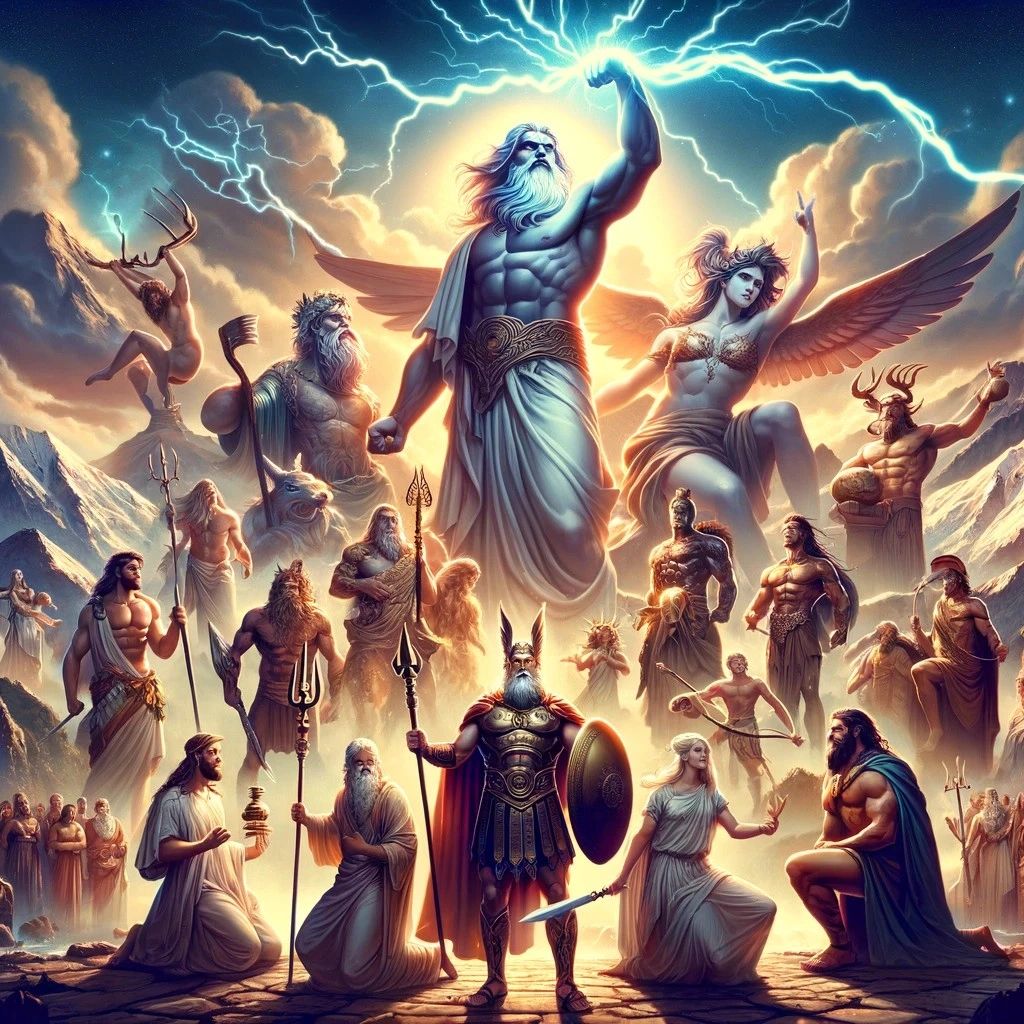 Zeus raises his fist toward lightning bolts, surrounded by the assembled gods and heroes of the Greek pantheon