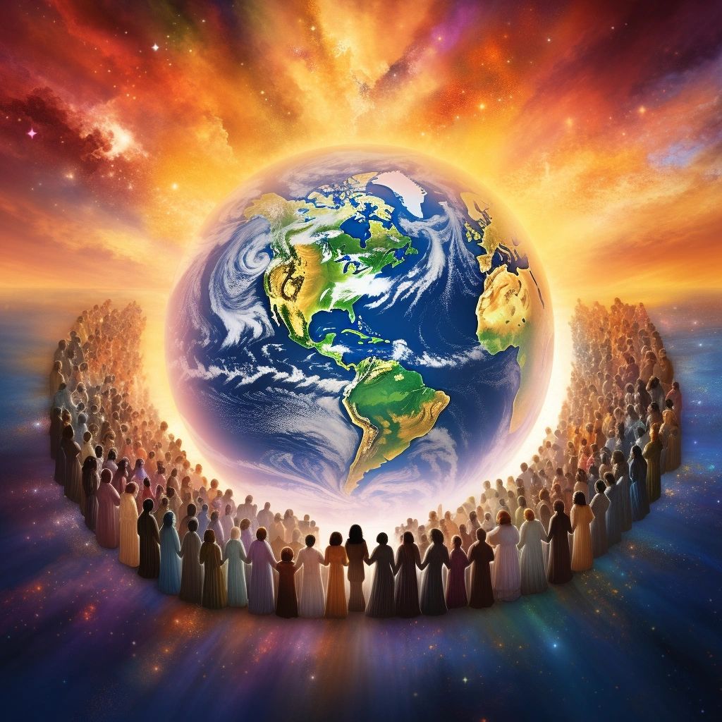 People holding hands in a circle around a glowing planet Earth beneath a fiery cosmic sky