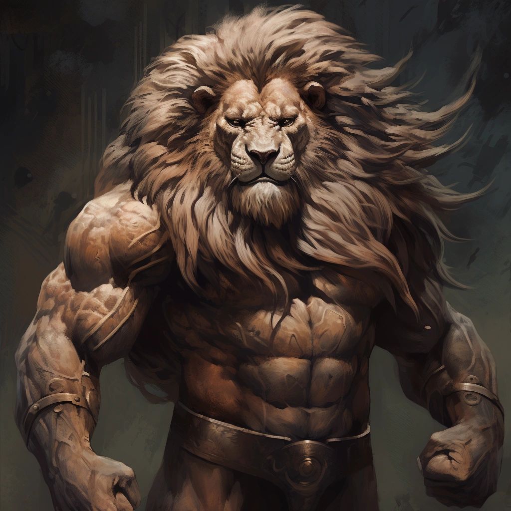 Dark fantasy painting of a lion-headed archon with a muscular human body, evoking the Gnostic ruler Yaldabaoth