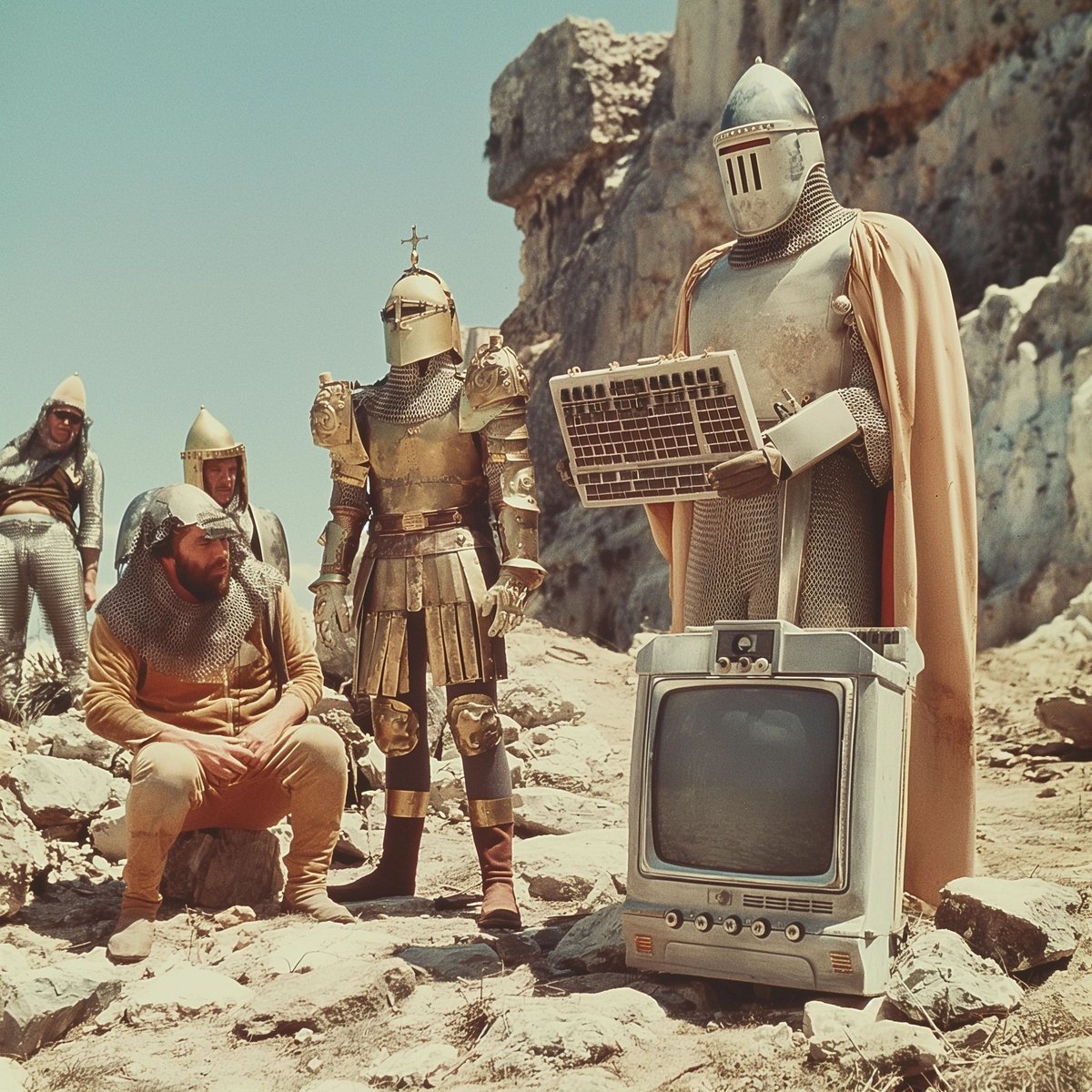 Medieval knights in chainmail gathered on rocky ground around a retro computer monitor and keyboard