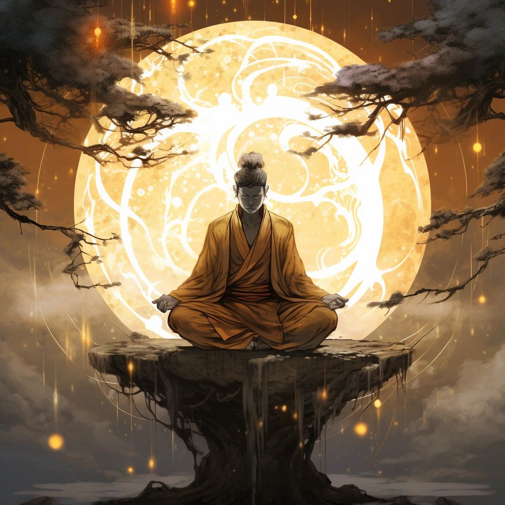 A monk in orange robes meditates on a rocky ledge before a giant glowing golden sphere with swirling patterns