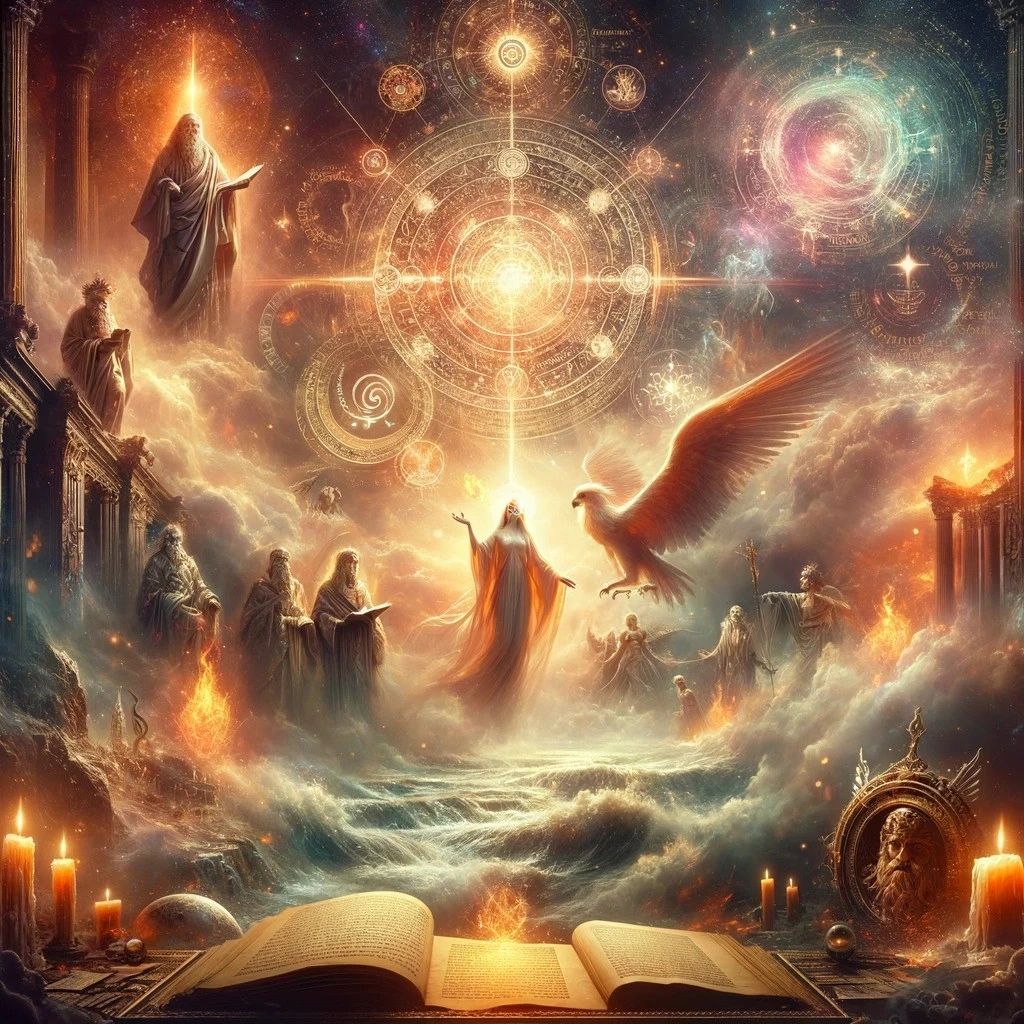 Golden-toned mystical painting of robed figures and a phoenix beneath glowing sacred geometry and a galaxy