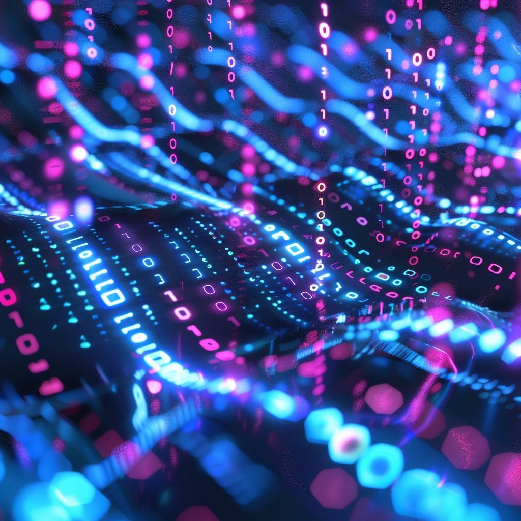 Abstract waves of glowing binary code flowing in neon blue and pink across a dark background