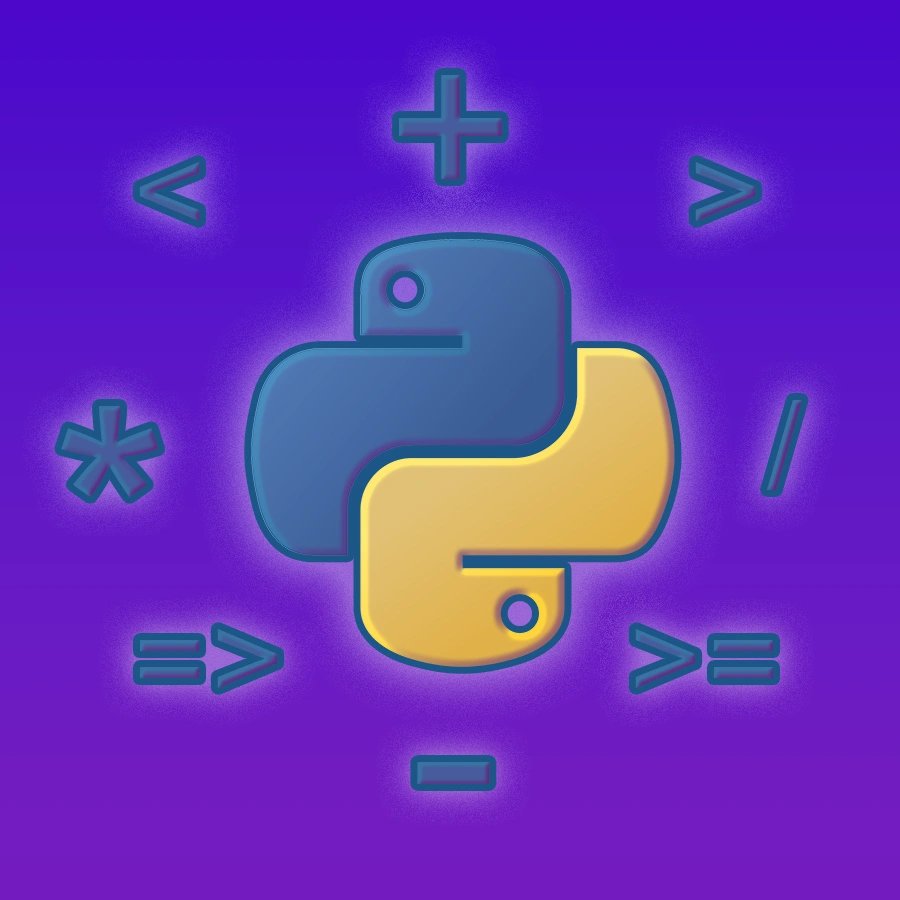 The Python logo on a purple background surrounded by mathematical operator symbols