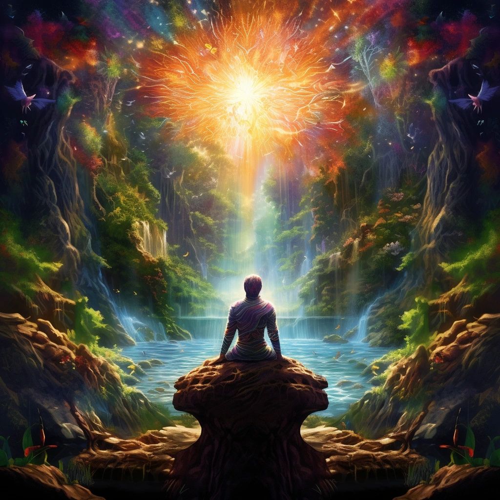 A seeker sits on a rock between twin waterfalls, gazing up at a radiant burst of rainbow light in the sky