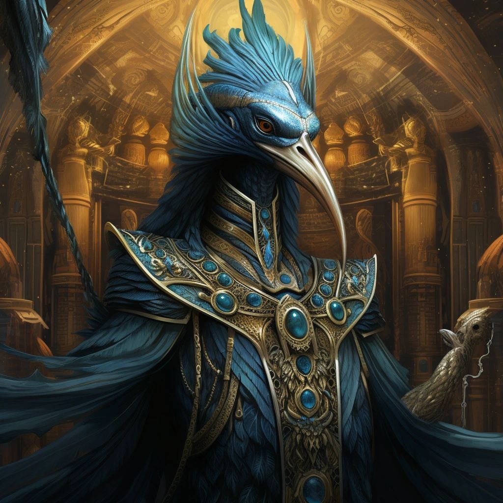 The ibis-headed Egyptian god Thoth in jeweled gold and turquoise regalia inside a golden temple