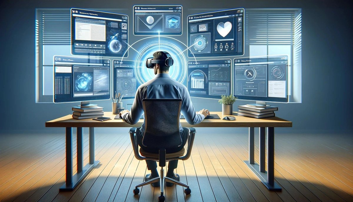 A person in a VR headset sits at a desk facing a curved array of floating translucent screens